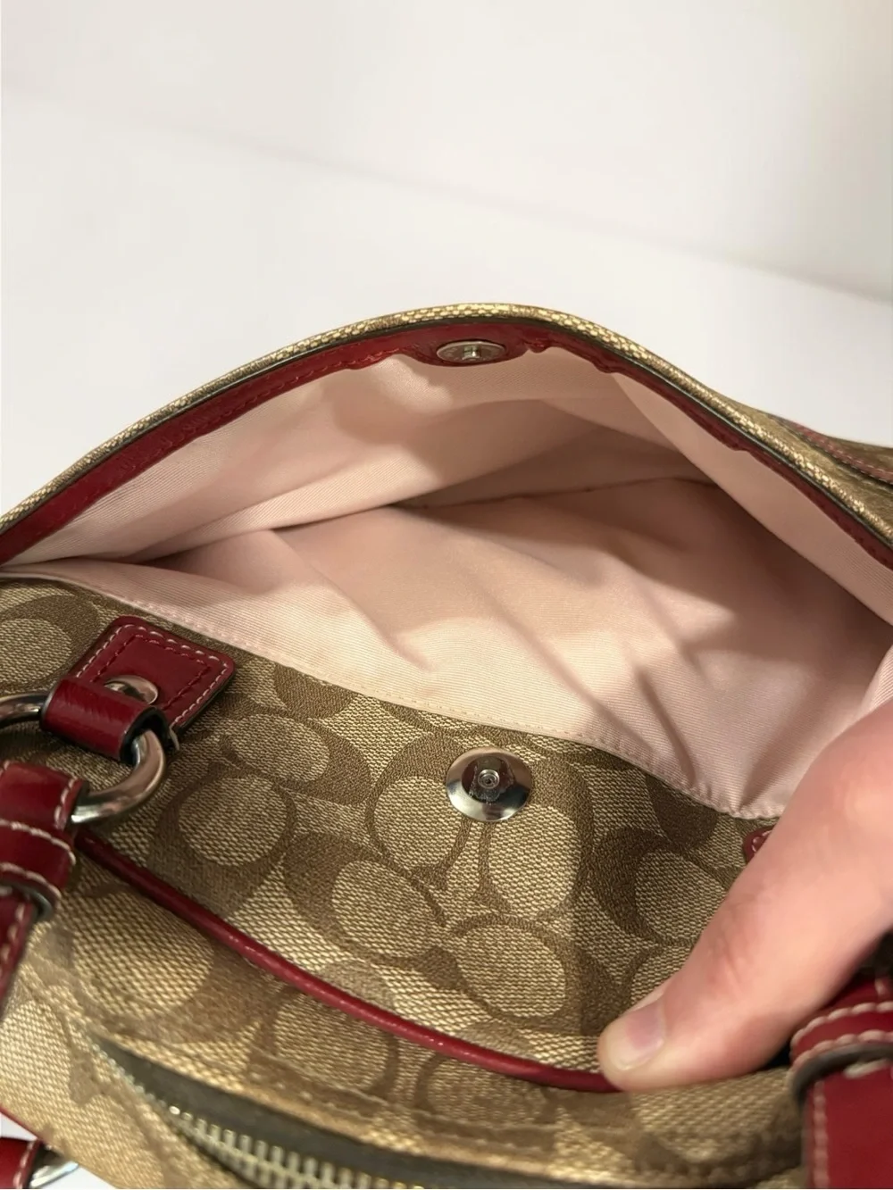 COACH Peyton Signature Satchel Khaki Burgundy Canvas Leather Shoulder Bag F18918